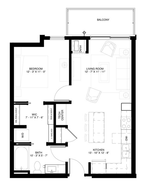 Floor plan for 1 bed, 1 bath, 673 sqft